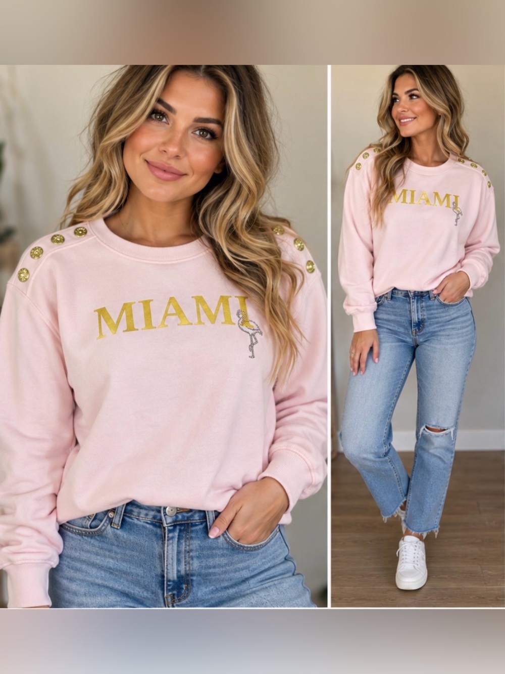 The Sweatshirt Project Miami Flamingo Pink Gold Button Sweatshirt M